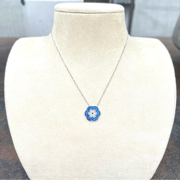 FLOWER Dainty 925 Sterling Silver Blue Clear Rhinestone Adjustable Necklace - Picture 4 of 9